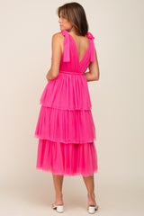 Fuchsia Sleeveless Tiered Tie Strap Tulle Midi Dress