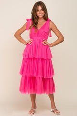 Fuchsia Sleeveless Tiered Tie Strap Tulle Midi Dress