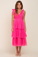 Fuchsia Sleeveless Tiered Tie Strap Tulle Midi Dress