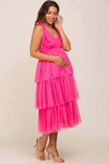 Fuchsia Sleeveless Tiered Tie Strap Tulle Maternity Midi Dress