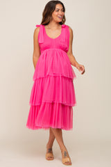 Fuchsia Sleeveless Tiered Tie Strap Tulle Maternity Midi Dress