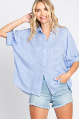 Blue Striped Button Front Collared Short Sleeve Top