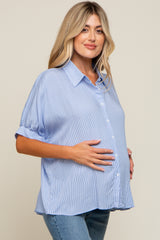 Blue Striped Button Front Collared Short Sleeve Maternity Top