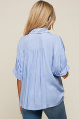 Blue Striped Button Front Collared Short Sleeve Maternity Top