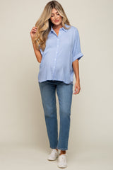 Blue Striped Button Front Collared Short Sleeve Maternity Top