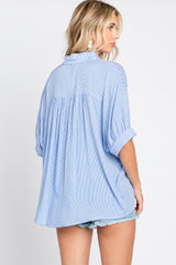 Blue Striped Button Front Collared Short Sleeve Top