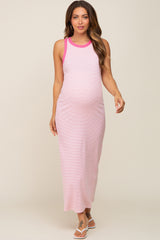 Pink Striped Ribbed Sleeveless Maternity Maxi Dress