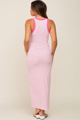 Pink Striped Ribbed Sleeveless Maternity Maxi Dress