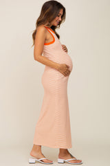 Orange Striped Ribbed Sleeveless Maternity Maxi Dress