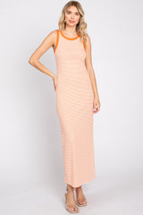 Orange Striped Ribbed Sleeveless Maternity Maxi Dress