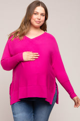 Fuchsia Knit Long Dolman Sleeve Plus Maternity Top