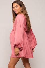 Mauve Deep V-Neck Long Sleeve Maternity Dress