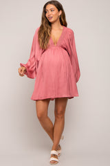 Mauve Deep V-Neck Long Sleeve Maternity Dress