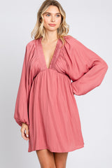 Mauve Deep V-Neck Long Sleeve Maternity Dress