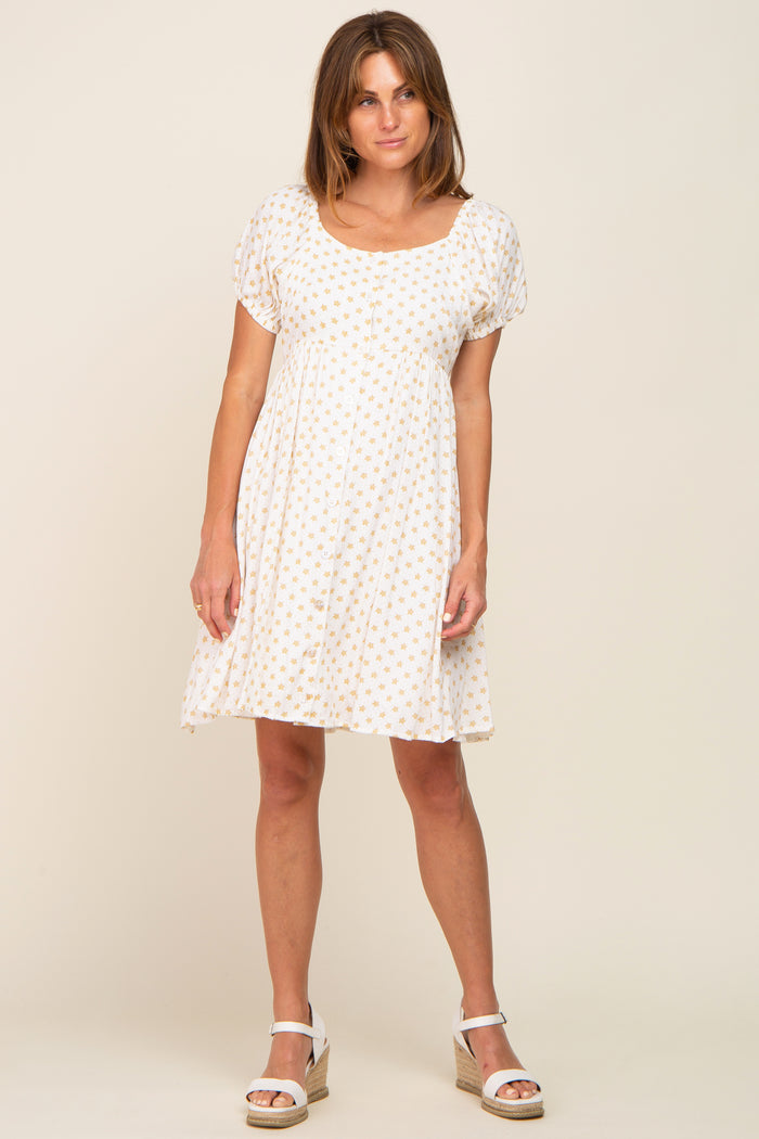 Yellow Floral Dotted Button Front Dress