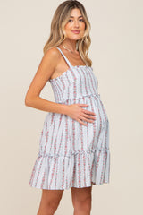 Light Blue Striped Floral Sleeveless Tiered Maternity Dress