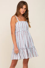 Light Blue Striped Floral Sleeveless Tiered Maternity Dress