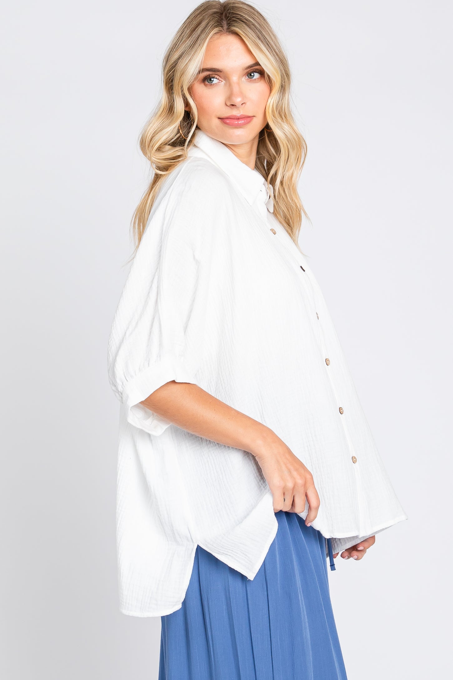 White Gauze Double Layered Button Up Top