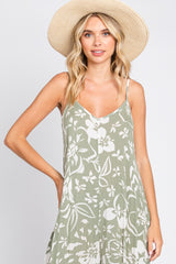 Light Olive Tropical Floral V-Neck Round Hem Midi Dress