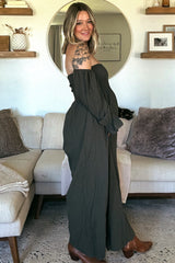 Olive Linen Smocked Off Shoulder Wide Leg Maternity Jumpsuit
