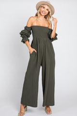 Olive Linen Smocked Off Shoulder Wide Leg Maternity Jumpsuit