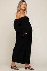 Black Linen Smocked Off Shoulder Wide Leg Maternity Jumpsuit