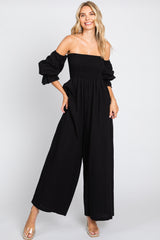 Black Linen Smocked Off Shoulder Wide Leg Maternity Jumpsuit