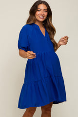 Royal Satin Ruffle V-Neck Short Sleeve Maternity Dress