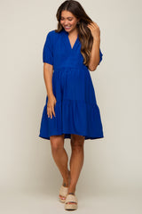 Royal Satin Ruffle V-Neck Short Sleeve Maternity Dress