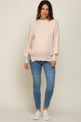 Beige Knit Mock Neck Maternity Sweater