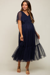 Navy Blue Dotted Tulle Smocked Maternity Midi Dress