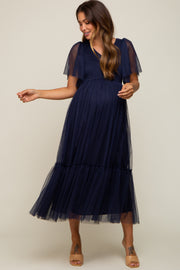 Navy Blue Dotted Tulle Smocked Maternity Midi Dress