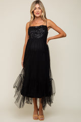 Black Sequin Top Tulle Maternity Midi Dress