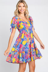 Blue Fruit Print Sweetheart Neck Dress