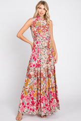 Pink Floral Mock Neck Maxi Dress