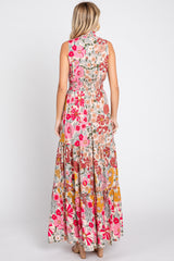 Pink Floral Mock Neck Maxi Dress