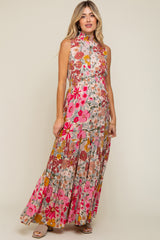 Pink Floral Mock Neck Maternity Maxi Dress