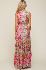 Pink Floral Mock Neck Maternity Maxi Dress