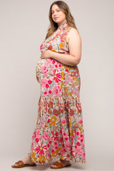 Pink Floral Mock Neck Maternity Plus Maxi Dress