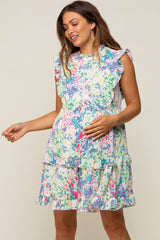 Lavender Floral Chiffon Ruffle Mock Neck Maternity Dress