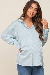 Light Blue Checkered Satin Button Up Maternity Top