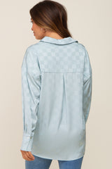 Light Blue Checkered Satin Button Up Maternity Top