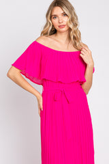 Fuchsia Pleated Off Shoulder Maxi Dress