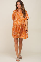 Rust Printed Satin Collared Maternity Dress