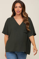 Olive Oversized V-Neck Pocket Front Maternity Blouse