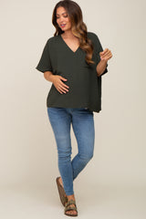 Olive Oversized V-Neck Pocket Front Maternity Blouse