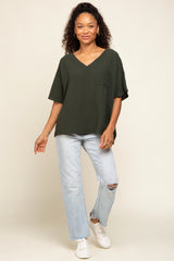 Olive Oversized V-Neck Pocket Front Blouse