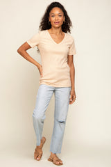 Beige Ribbed V-Neck Top