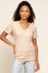 Beige Ribbed V-Neck Top