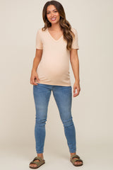 Beige Ribbed V-Neck Maternity Top